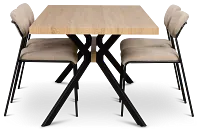 Lynden Light Tone Rect Table & 4 Beige Metal Upholstered Side Chairs