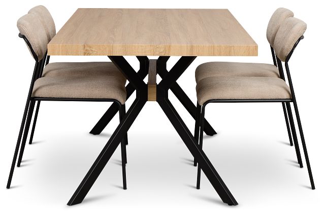 Lynden Light Tone Rect Table & 4 Beige Metal Upholstered Side Chairs