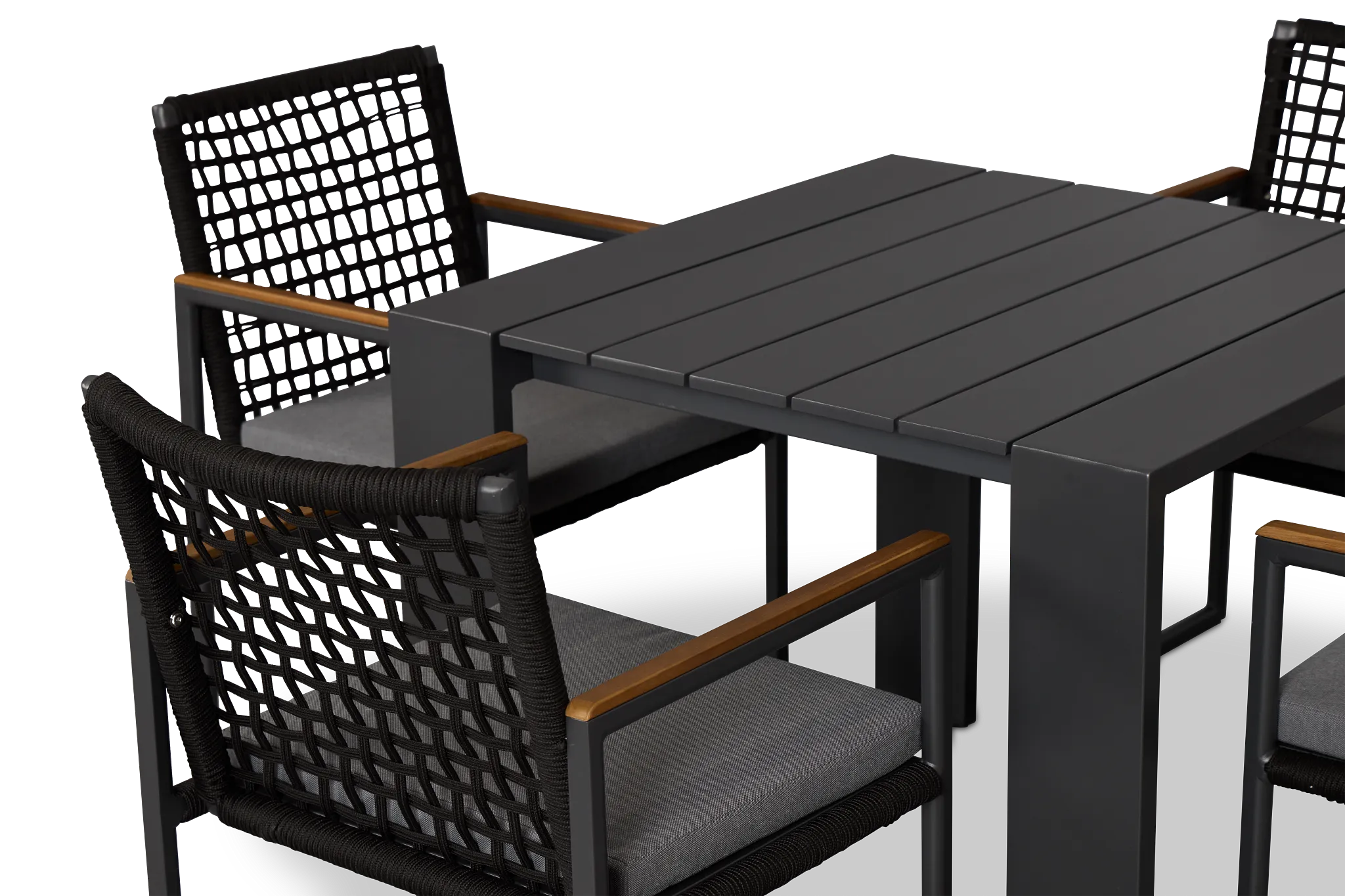 Sunrise Dark Gray 35" Square Table & 4 Teak Arm Chairs