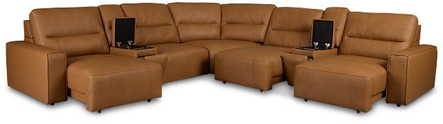 Rudy Brown Lthr/vinyl Large Tri Power 2 Arm Extension Chaise Sectional