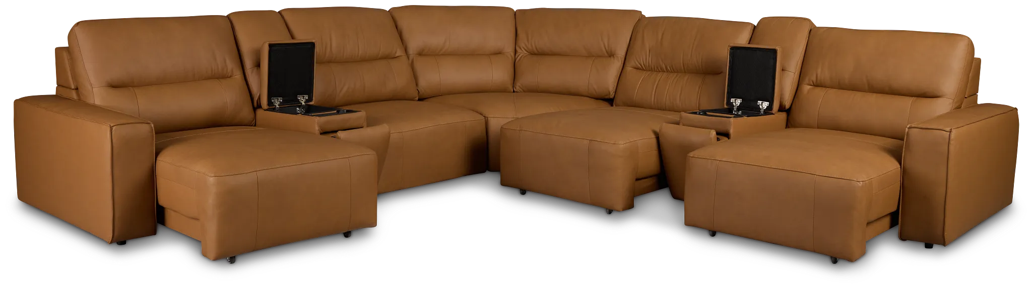 Rudy Brown Lthr/vinyl Large Tri Power 2 Arm Extension Chaise Sectional