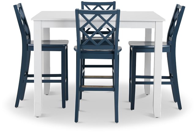Edgartown Rectangular White High Table & 4 Navy Wood Barstools