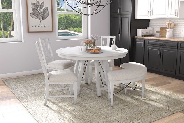 Heron Cove White Round Table, 3 Chairs & Bench