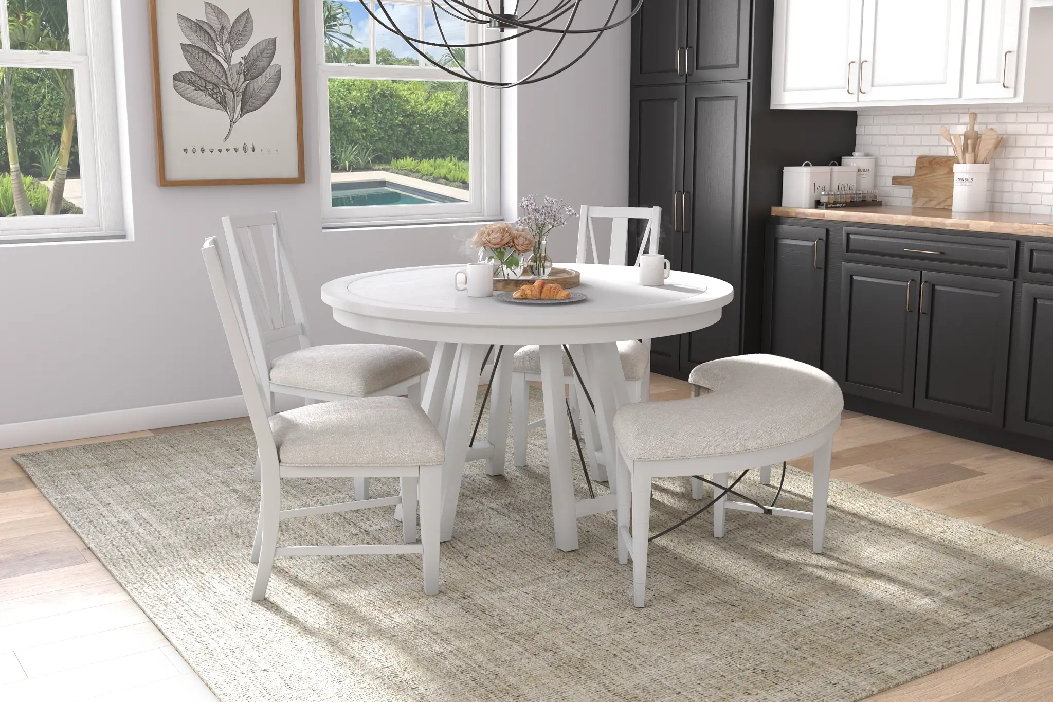 Heron Cove White Round Table, 3 Chairs & Bench Heron Cove White Round Table, 3 Chairs & Bench