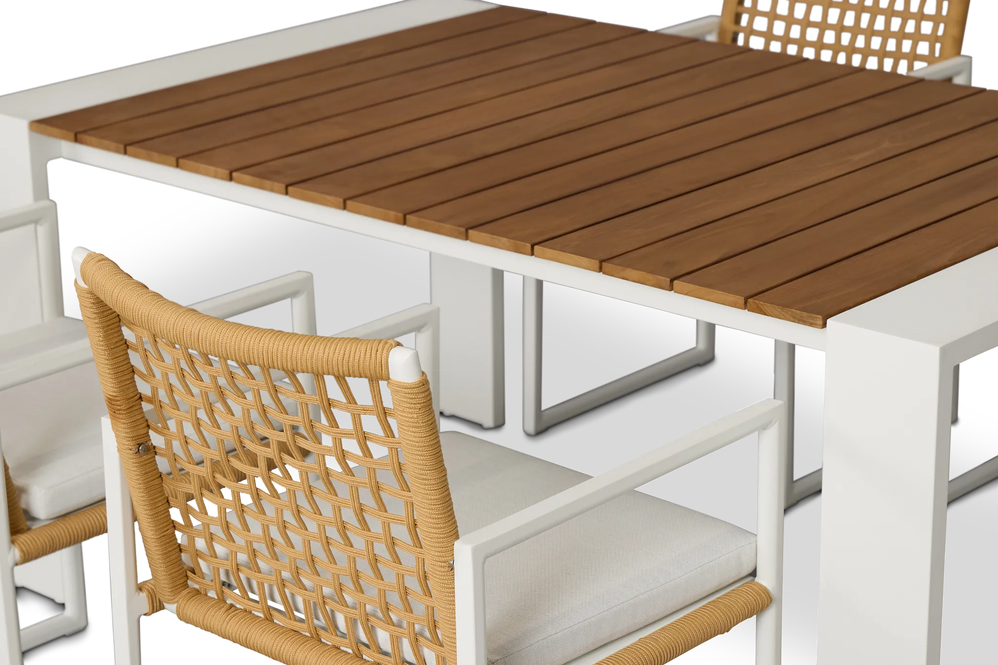 Sunrise White Teak Rectangular Table & 4 Aluminum Arm Chairs