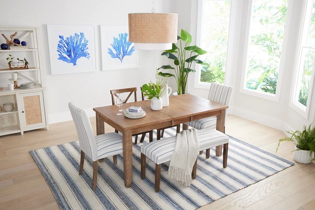 Woodstock Light Tone Uph Table, 4 Chairs & Bench