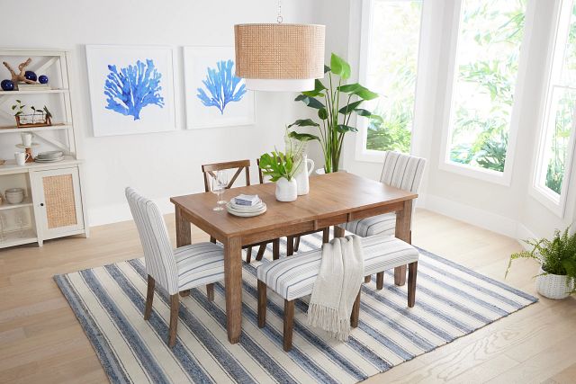 Woodstock Light Tone Uph Table, 4 Chairs & Bench