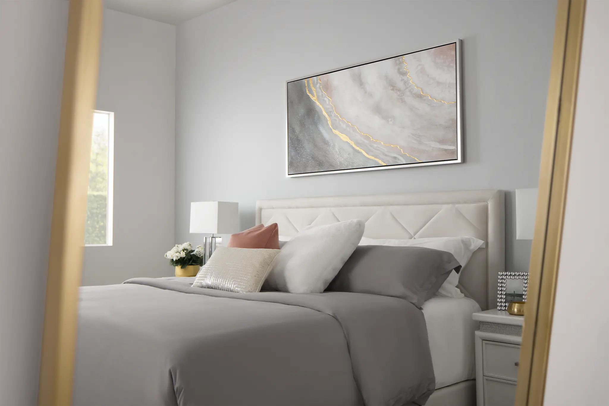 Collin Beige Velvet Platform Bed Collin Beige Velvet Platform Bed