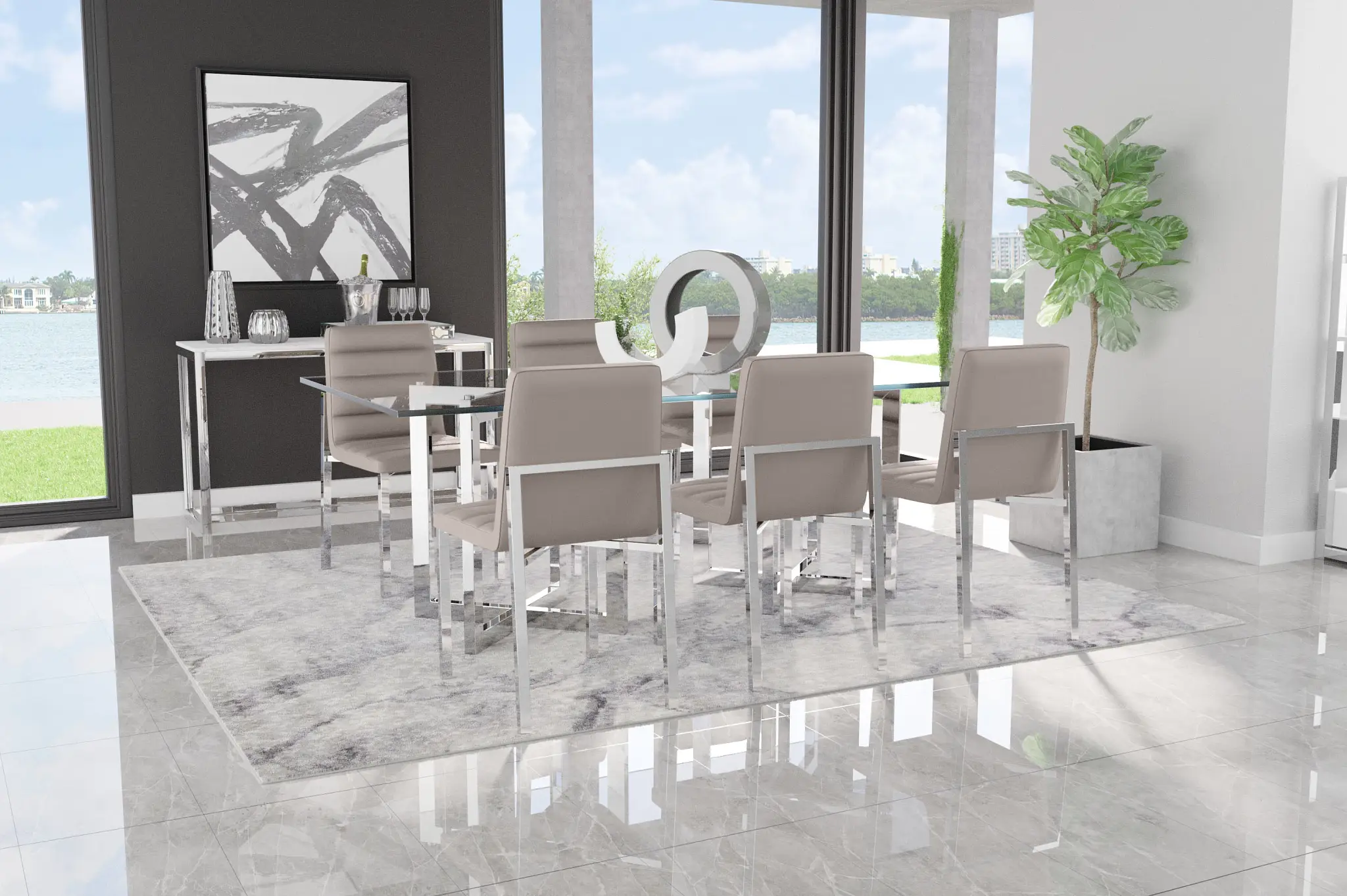 Amalfi Taupe Glass Rectangular Table & 4 Upholstered Chairs Amalfi Taupe Glass Rectangular Table & 4 Upholstered Chairs