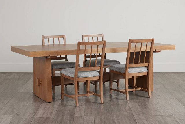 Provo Mid Tone Trestle Table & 4 Gray Upholstered Chairs