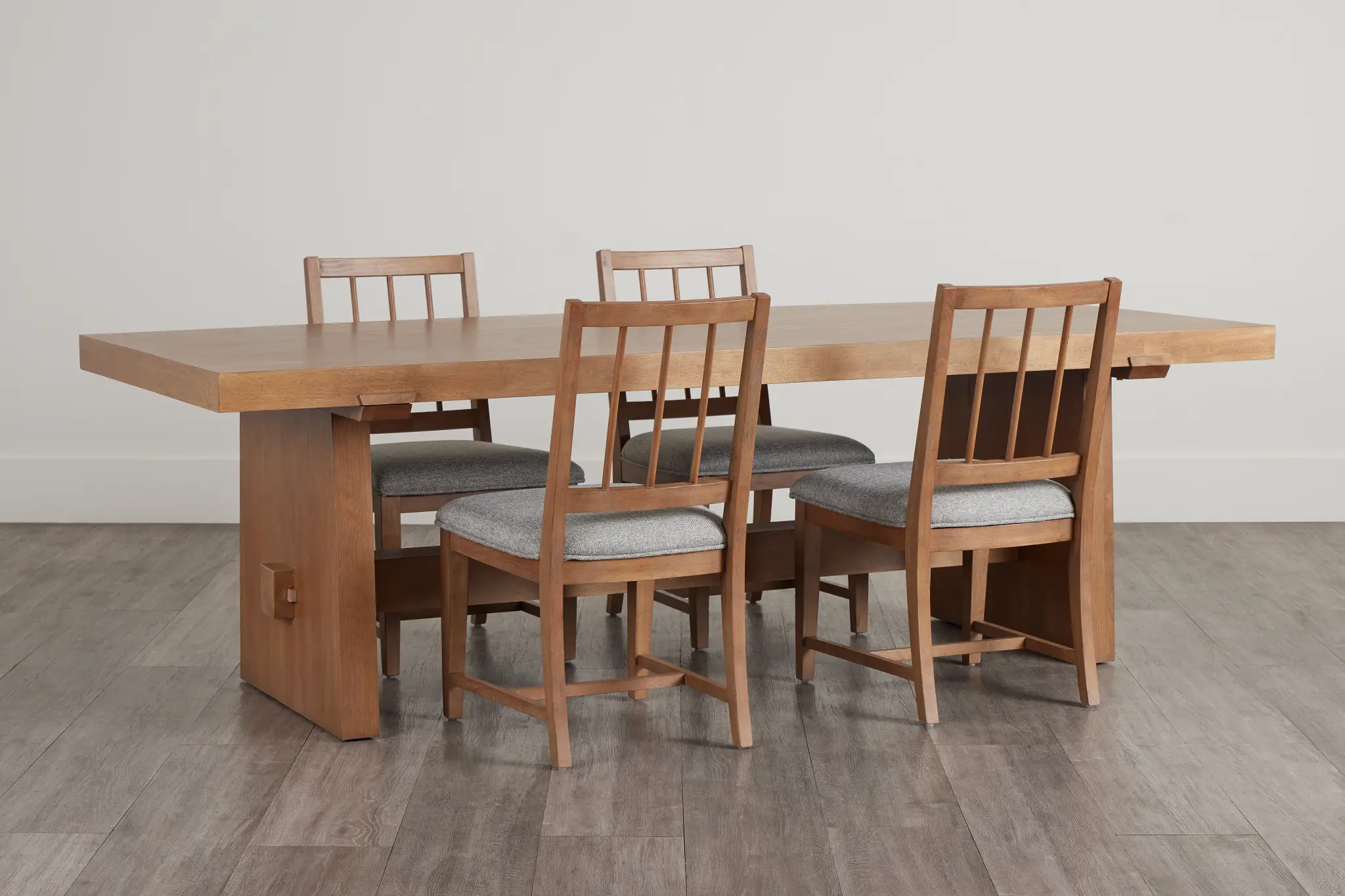 Provo Mid Tone Trestle Table & 4 Gray Upholstered Chairs Provo Mid Tone Trestle Table & 4 Gray Upholstered Chairs