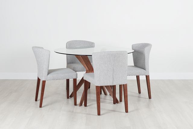 Fresno Glass Lt Gray Round Table & 4 Upholstered Chairs
