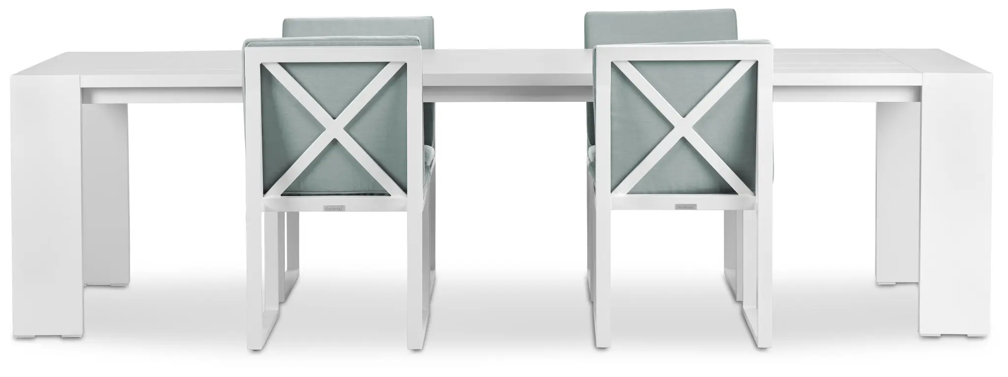 Linear White Teal 110" Aluminum Table & 4 Cushioned Side Chairs Linear White Teal 110" Aluminum Table & 4 Cushioned Side Chairs