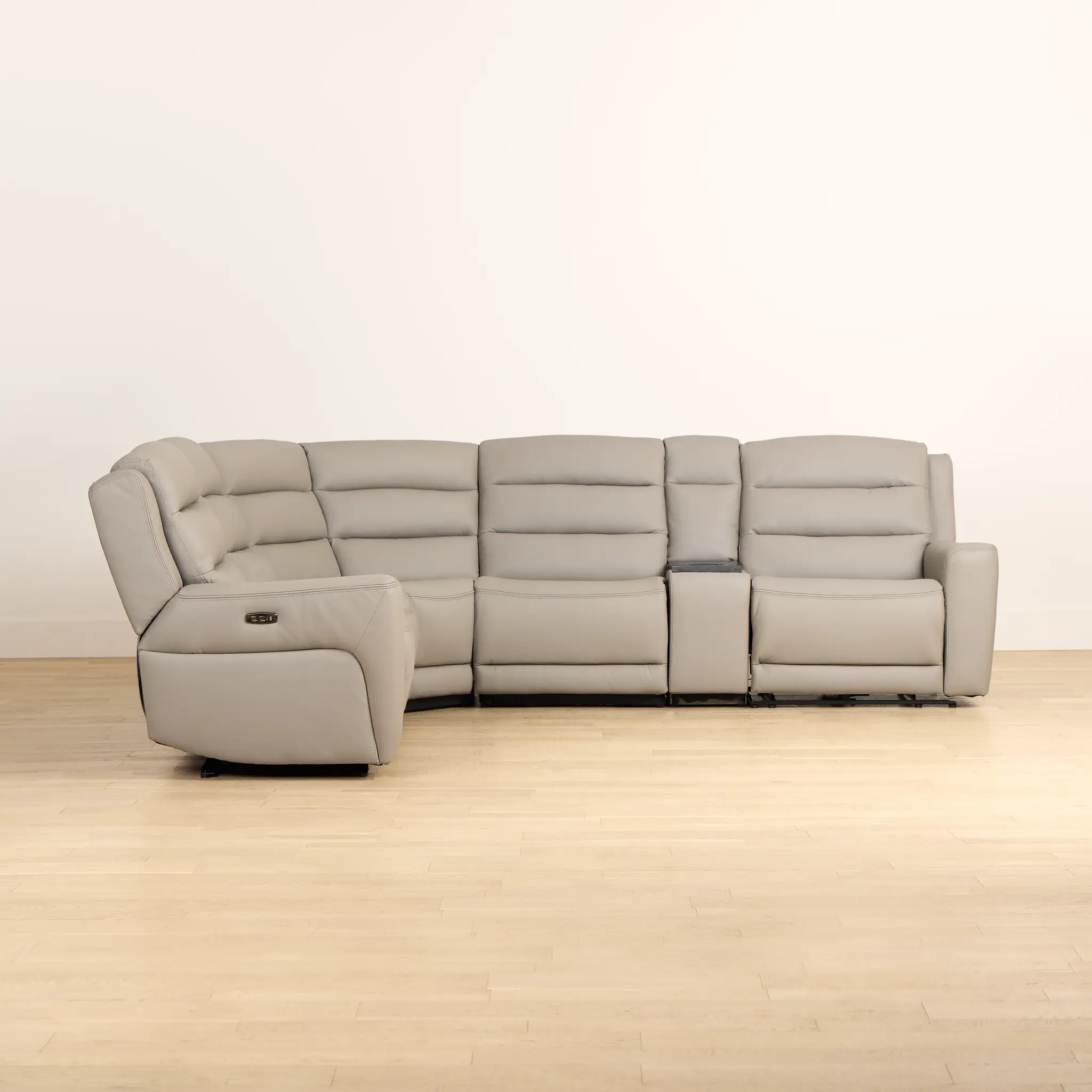 Wilder Taupe Leather Medium Dual Power Sectional W/refrigerated Console Wilder Taupe Leather Medium Dual Power Sectional W/refrigerated Console