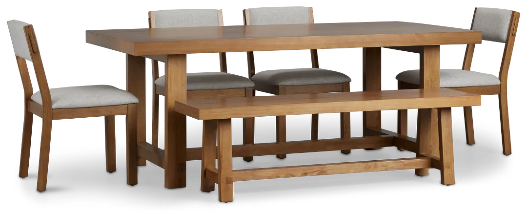 Vail Light Tone Trestle Table, 4 Chairs & Bench