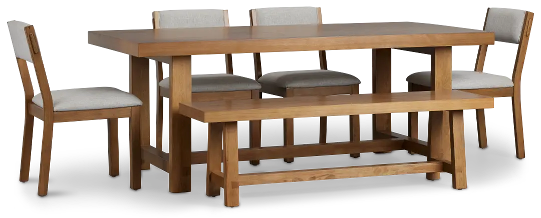 Vail Light Tone Trestle Table, 4 Chairs & Bench Vail Light Tone Trestle Table, 4 Chairs & Bench