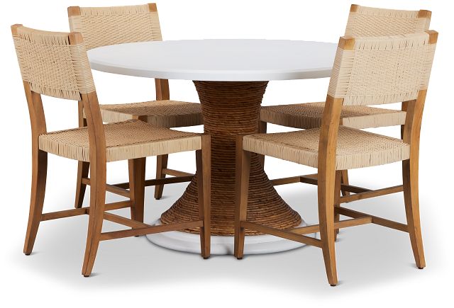 Boca Grande White Light Tone Round Table & 4 Woven Chairs (1)