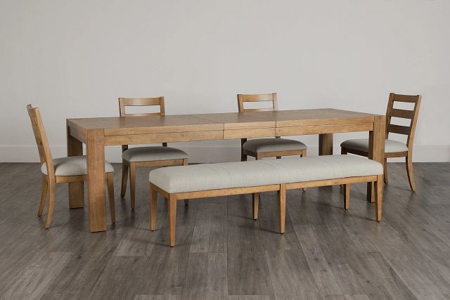 Tahoe Light Tone Rect Table With 4 Wood Side Chairs & Bench