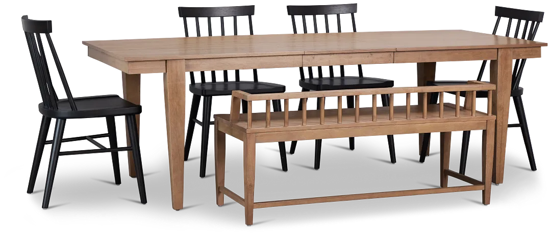 Provo Mid Tone Rect Table With 4 Wood Side Chairs & Bench