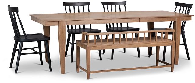 Provo Mid Tone Rect Table With 4 Wood Side Chairs & Bench