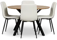 Lynden Light Tone Round Table & 4 White Upholstered Side Chairs