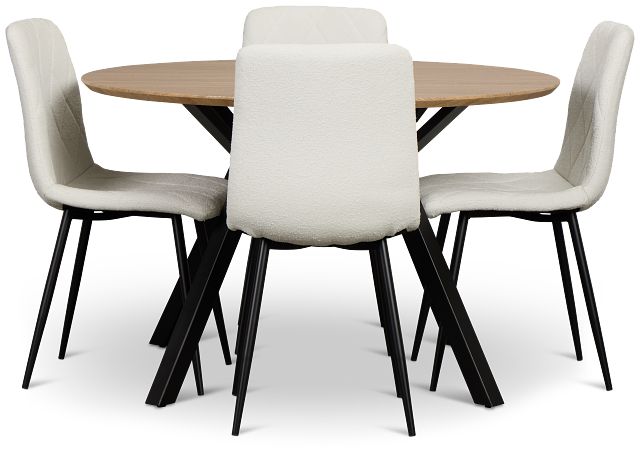 Lynden Light Tone Round Table & 4 White Upholstered Side Chairs