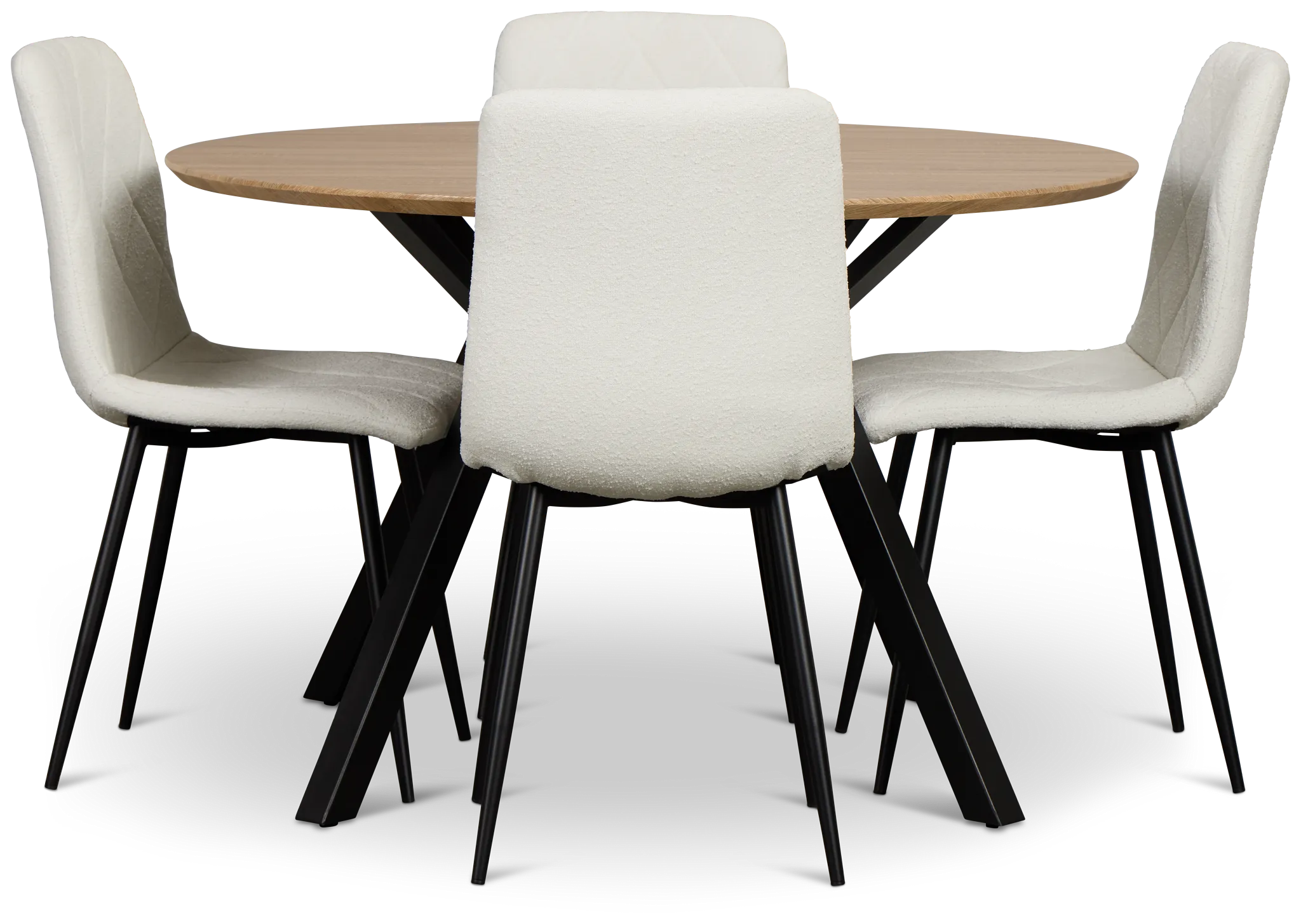 Lynden Light Tone Round Table & 4 White Upholstered Side Chairs