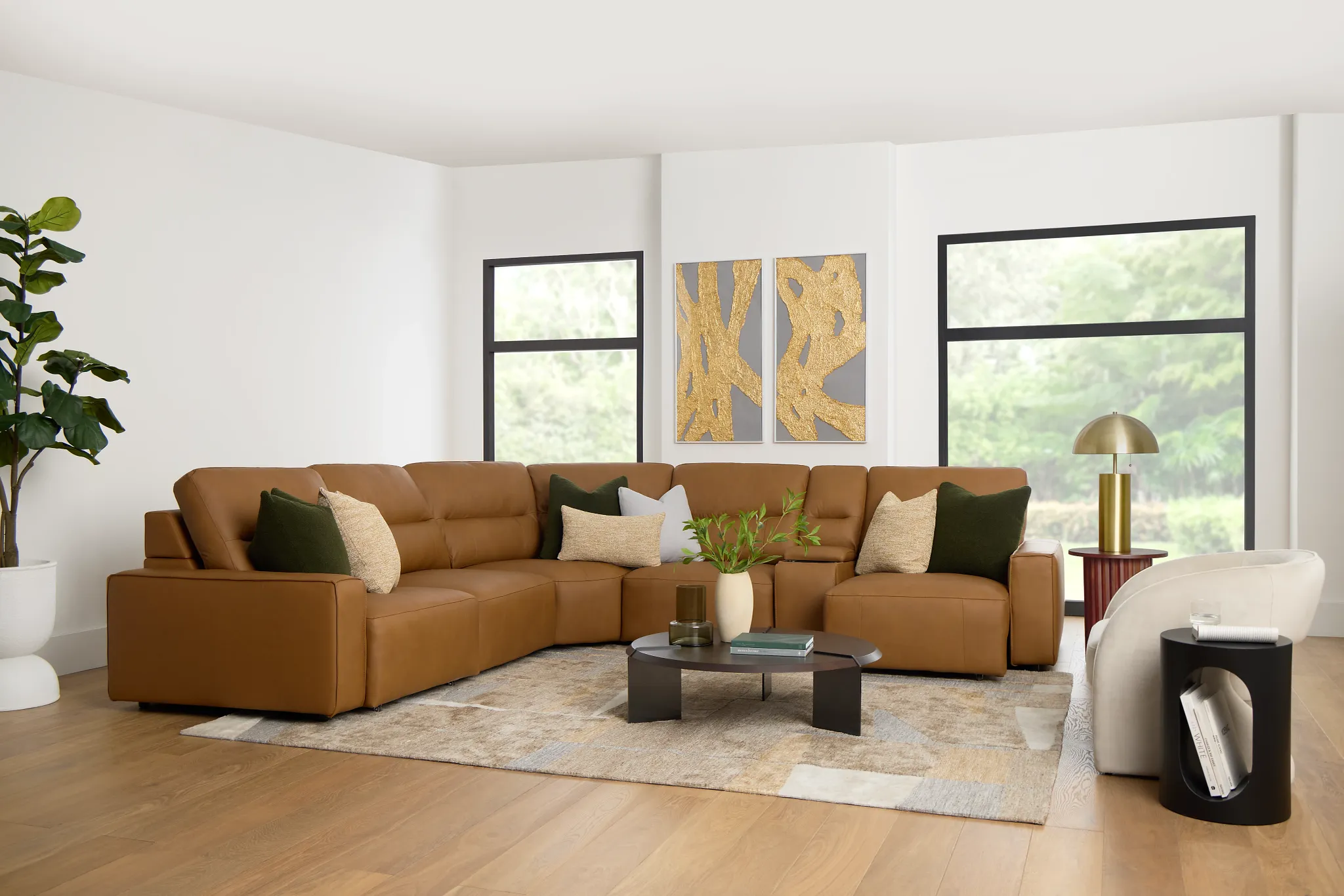 Rudy Brown Lthr/vinyl Medium Tri Power 2 Arm Extension Chaise Sectional