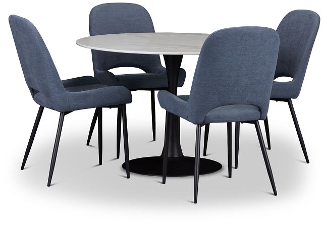 Brela White Marble Round Table & 4 Dark Blue Upholstered Chairs (3)