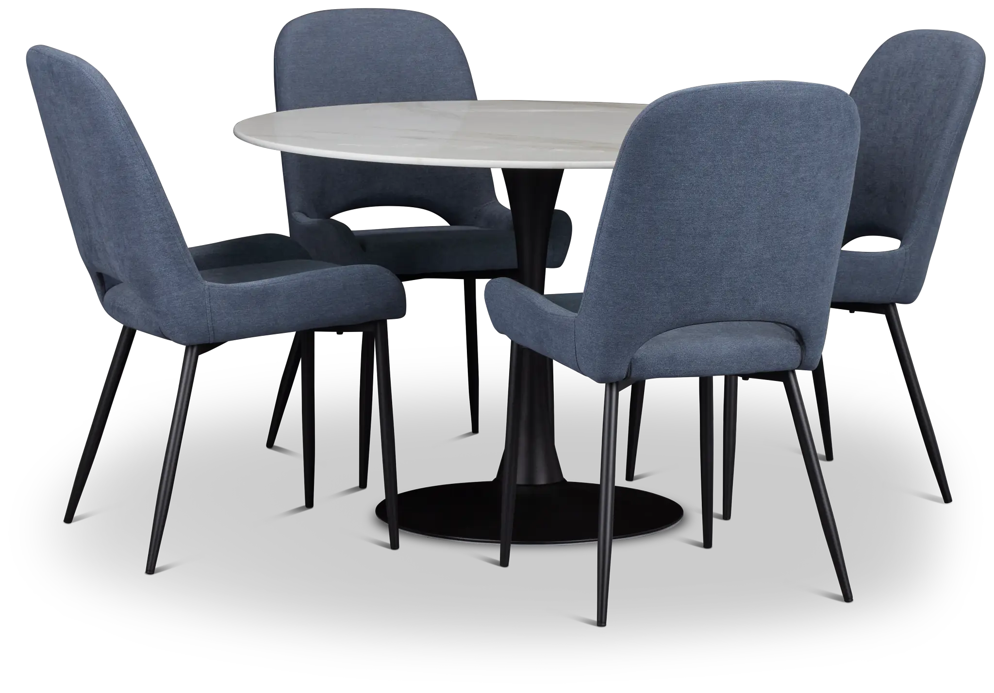 Brela White Round Table & 4 Dark Blue Upholstered Chairs Brela White Round Table & 4 Dark Blue Upholstered Chairs
