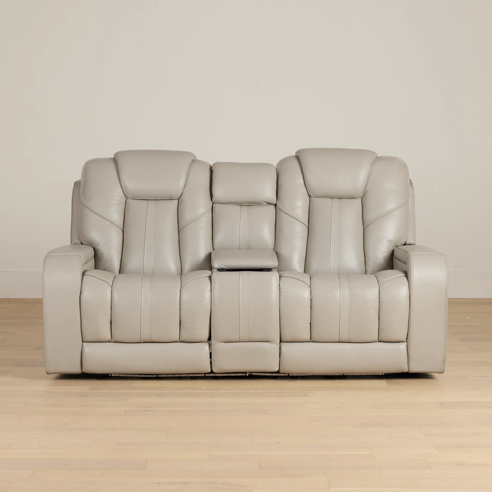 Eclipse Light Gray Lthr/vinyl Power Reclining Console Loveseat W/ Massage