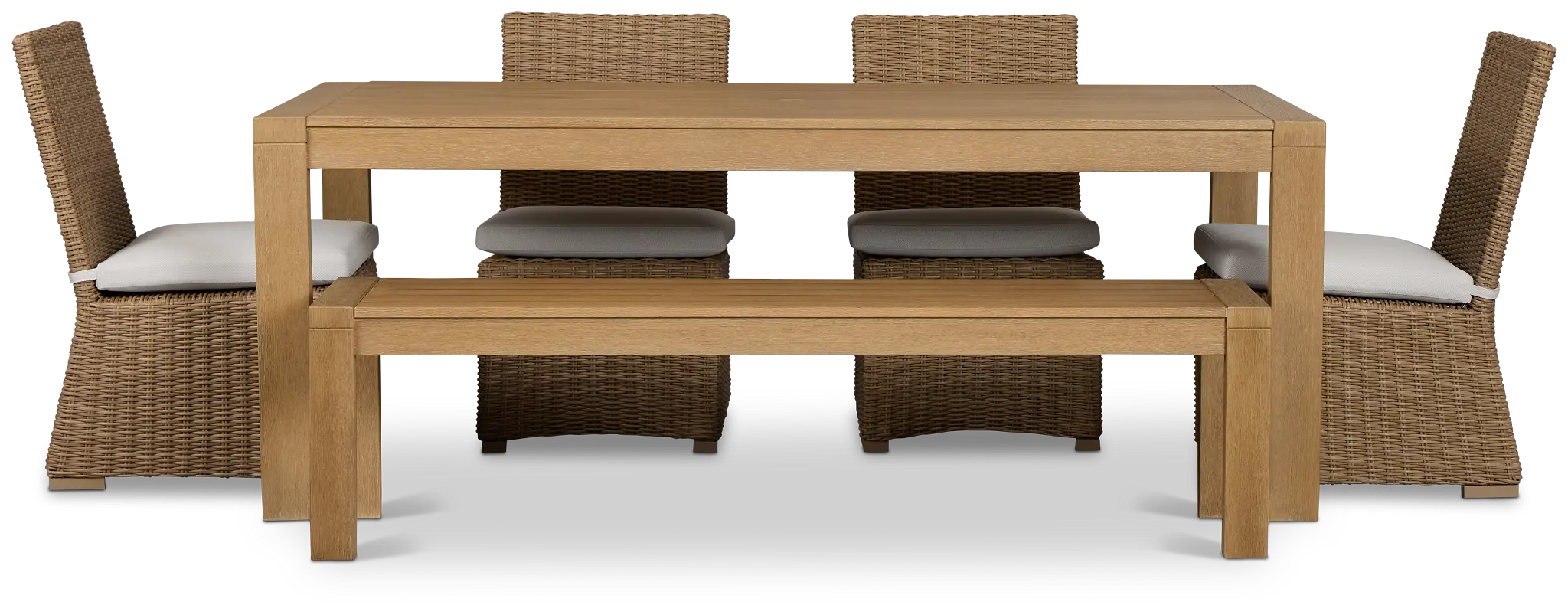 Montecito Mid Tone Table, 4 Chairs & Bench With Light Beige Cushions Montecito Mid Tone Table, 4 Chairs & Bench With Light Beige Cushions