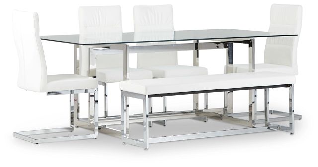 Bronx Glass White Table, 4 Chairs & Bench (1)