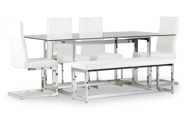 Bronx Glass White Table, 4 Chairs & Bench