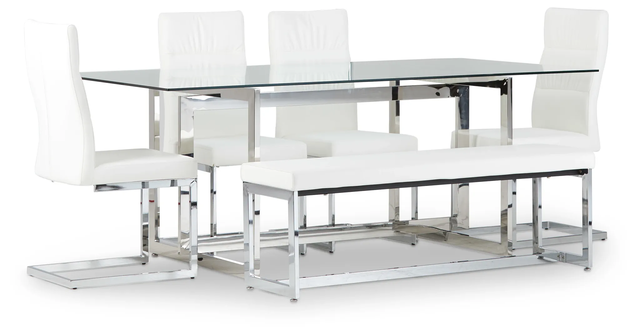 Bronx Glass White Table, 4 Chairs & Bench