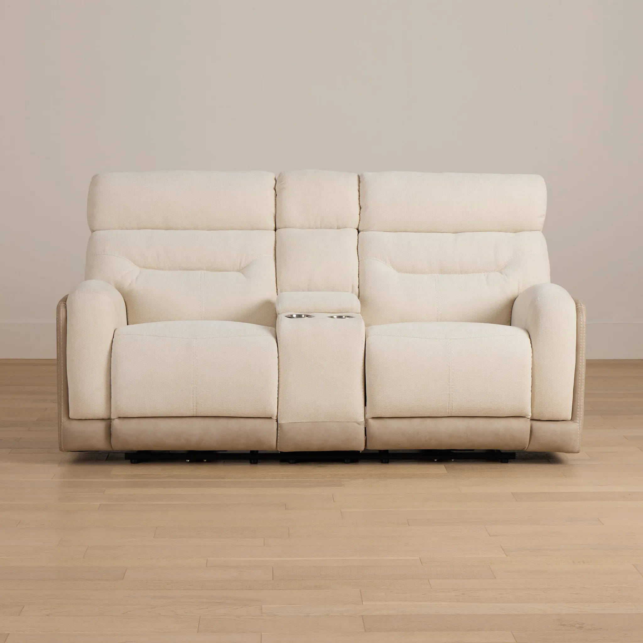 Travis Light Beige Fabric Power Reclining Console Loveseat