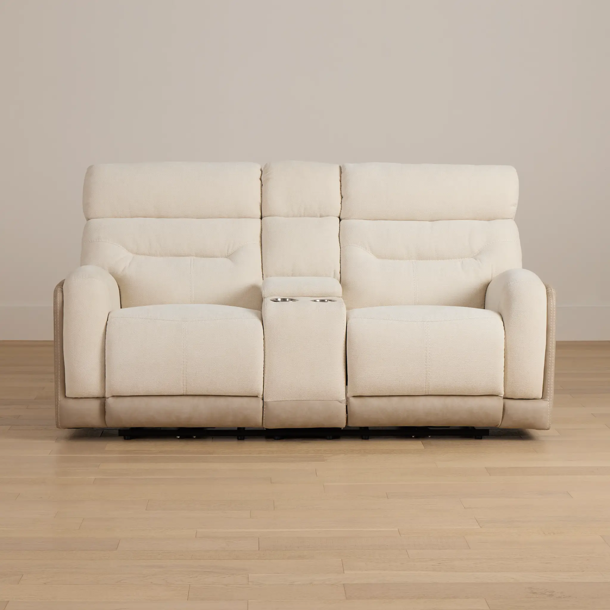 Travis Light Beige Fabric Power Reclining Console Loveseat Travis Light Beige Fabric Power Reclining Console Loveseat