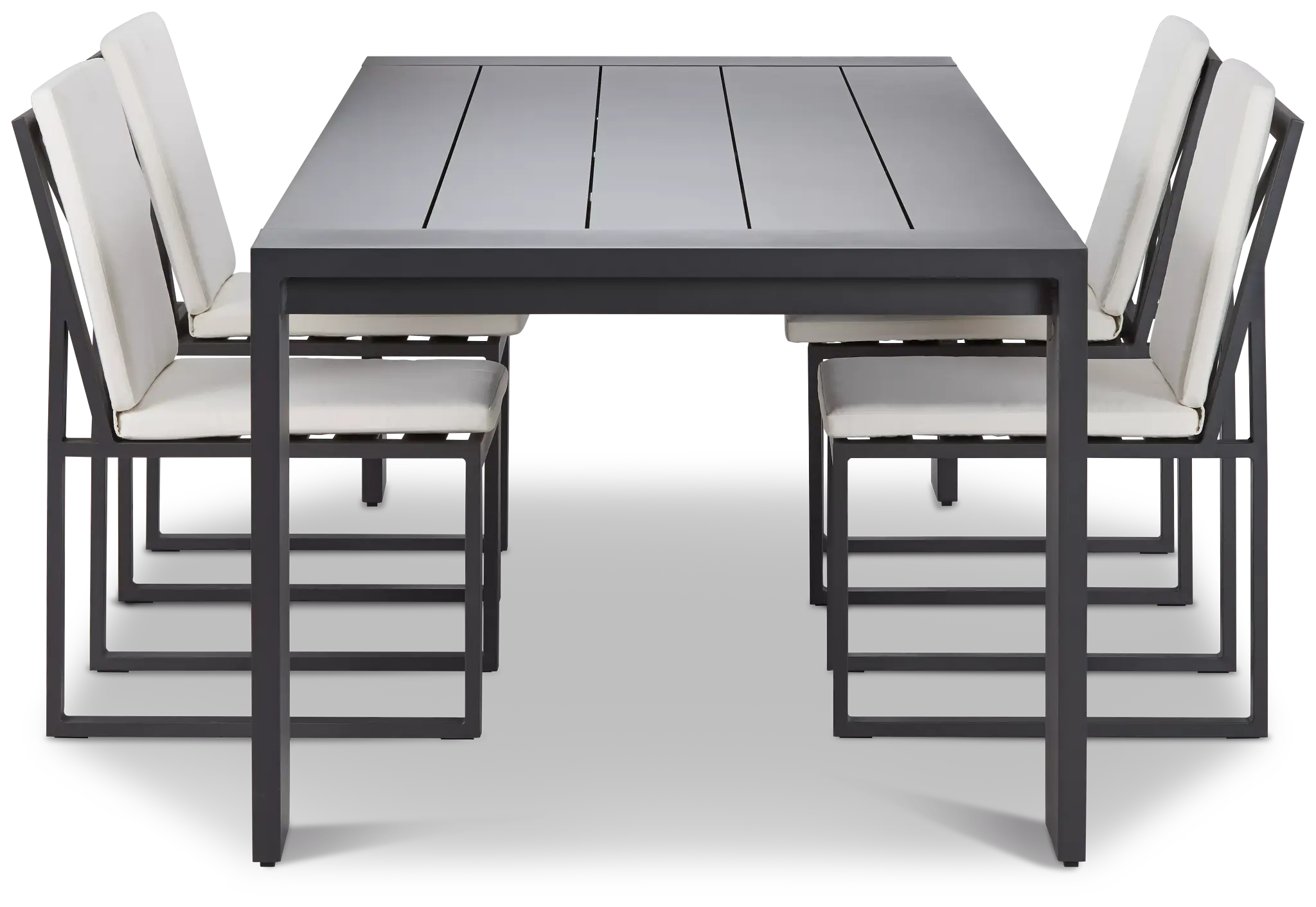Linear Dark Gray White 110" Aluminum Table & 4 Cushioned Side Chairs Linear Dark Gray White 110" Aluminum Table & 4 Cushioned Side Chairs