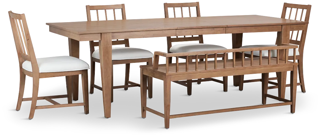 Provo Mid Tone Rect Table, 4 White Chairs & Bench