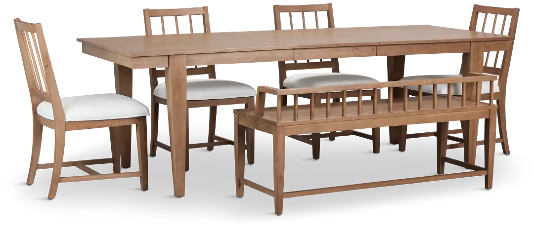 Provo Mid Tone Rect Table, 4 White Chairs & Bench Provo Mid Tone Rect Table, 4 White Chairs & Bench