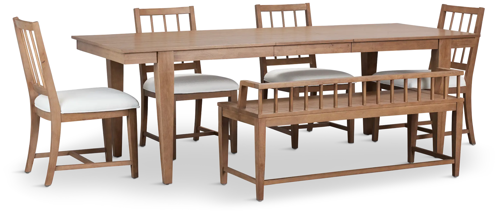 Provo Mid Tone Rect Table, 4 White Chairs & Bench Provo Mid Tone Rect Table, 4 White Chairs & Bench