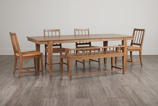 Provo Mid Tone Rect Table, 4 Woven Chairs & Bench