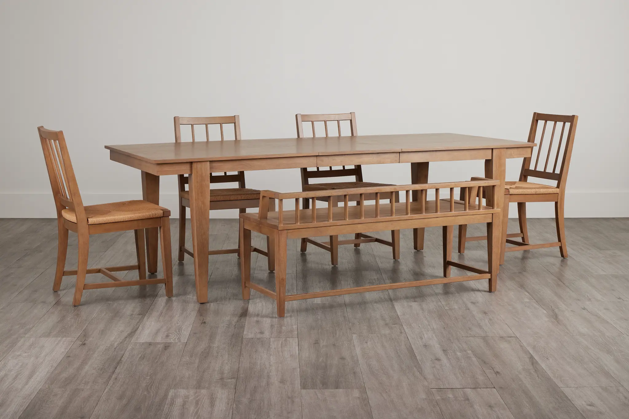 Provo Mid Tone Rect Table, 4 Woven Chairs & Bench Provo Mid Tone Rect Table, 4 Woven Chairs & Bench
