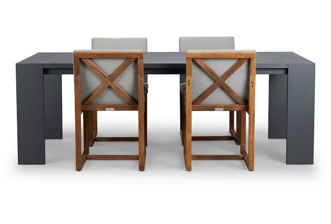 Linear Dark Gray 87" Aluminum Table & 4 Teak Cushioned Side Chairs