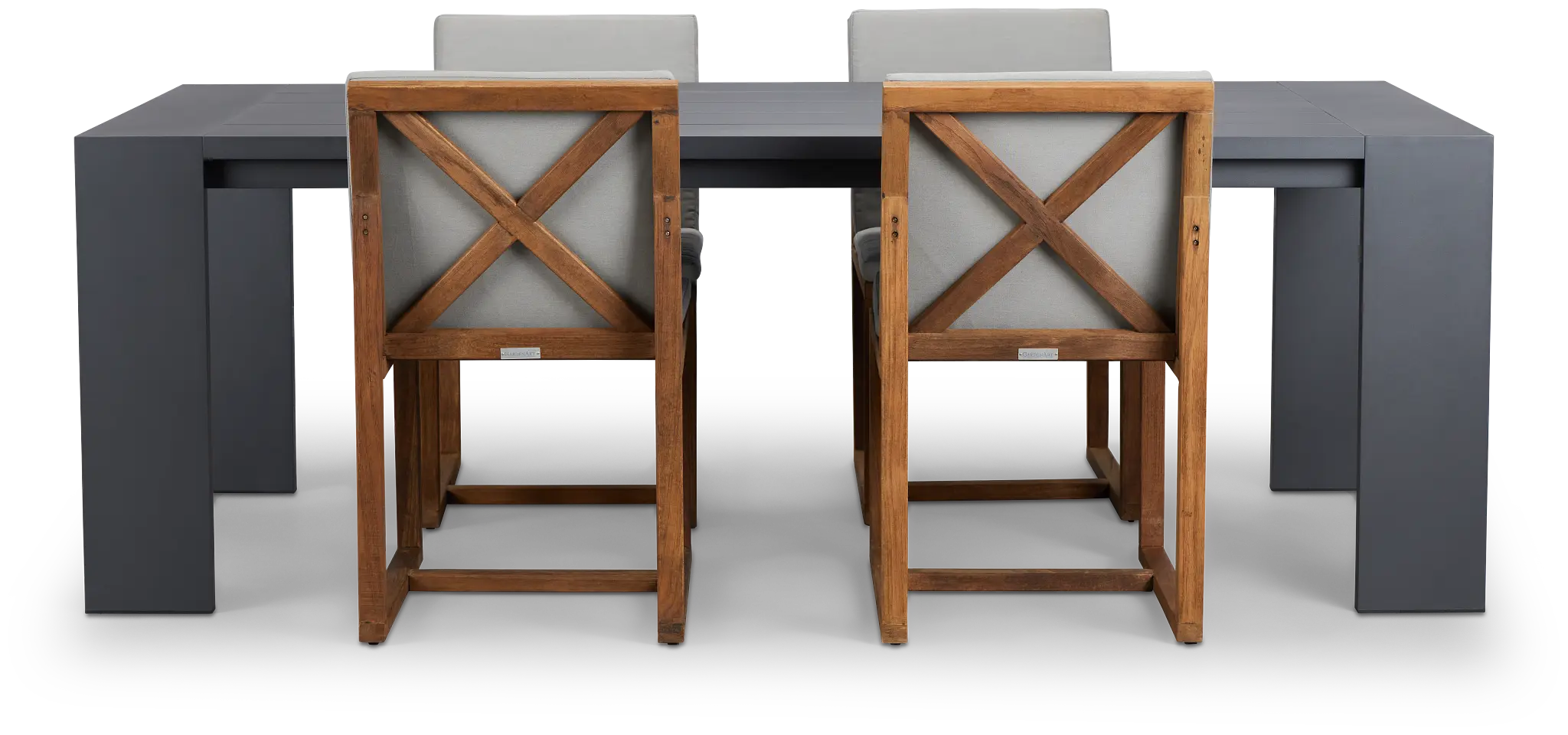Linear Dark Gray 87" Aluminum Table & 4 Teak Cushioned Side Chairs Linear Dark Gray 87" Aluminum Table & 4 Teak Cushioned Side Chairs