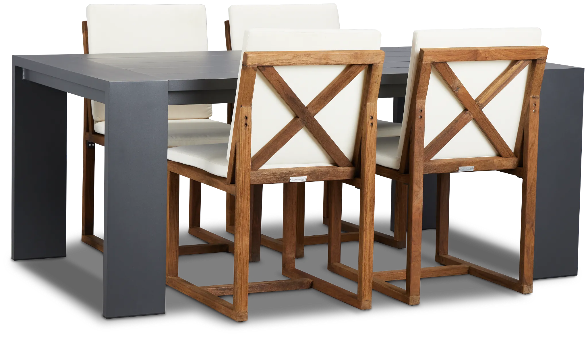 Linear Dark Gray White 70" Aluminum Table & 4 Teak Cushioned Side Chairs