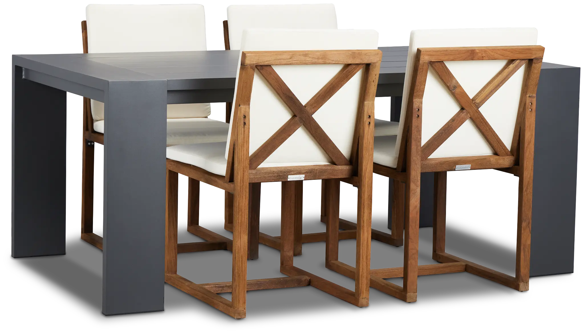 Linear Dark Gray White 70" Aluminum Table & 4 Teak Cushioned Side Chairs Linear Dark Gray White 70" Aluminum Table & 4 Teak Cushioned Side Chairs