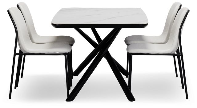 Palos White Rect Table & 4 White Upholstered Chairs