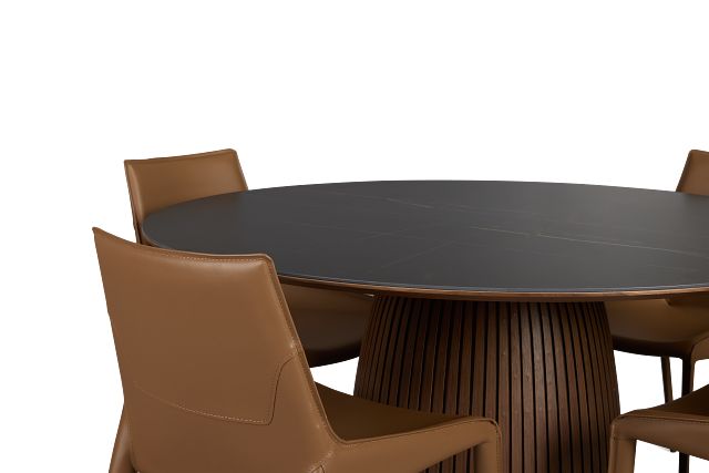 Wayne Two-tone Stone Round Table & 4 Brown Upholstered Chairs