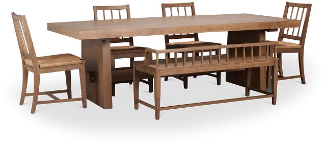 Provo Mid Tone Trestle Table, 4 Woven Chairs & Bench